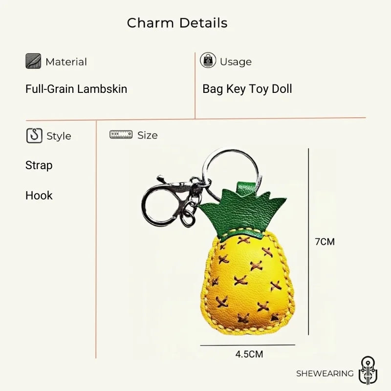 Pineapple Tassel Bag Charm – Handcrafted Full-Grain Lambskin Keychain, Tropical Style, Cute and Colorful Gift for Women and Friends