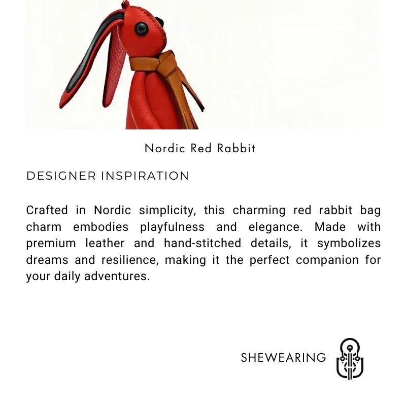 Nordic Red Rabbit Bag Charm – Handcrafted Full-Grain Leather Keychain, Playful Bunny Doll Accessory, Creative Scandinavian Design, Premium Cowhide Gift