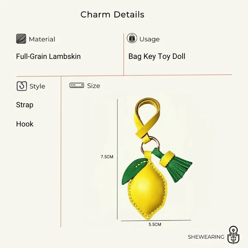 Handcrafted Lemon Bag Charm – Full-Grain Lambskin Key Accessory with Tassel, Artisan Design, Ideal Gift for Couples and Friends