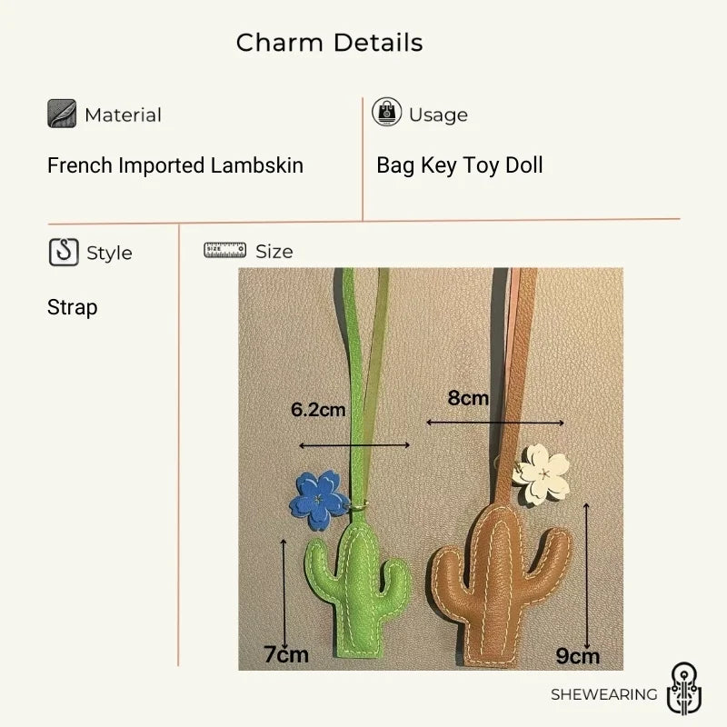 Hand-Stitched Genuine Leather Cactus Charm – INS Style Bag Accessory, Creative Gift, Keychain, Versatile and Trendy