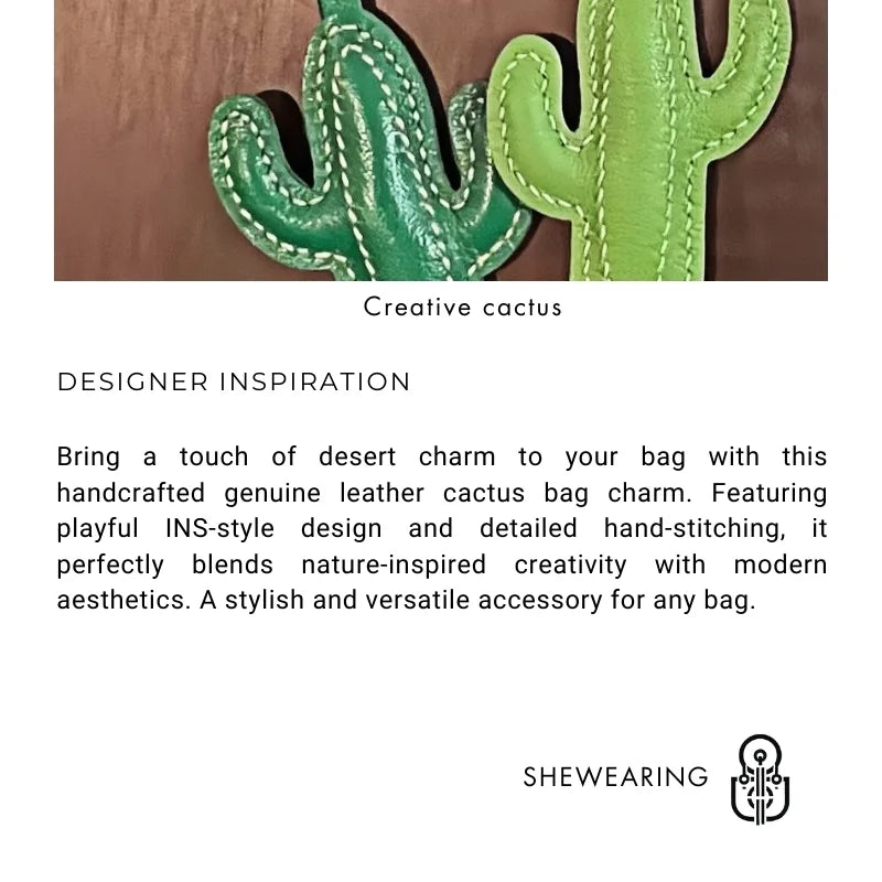 Hand-Stitched Genuine Leather Cactus Charm – INS Style Bag Accessory, Creative Gift, Keychain, Versatile and Trendy