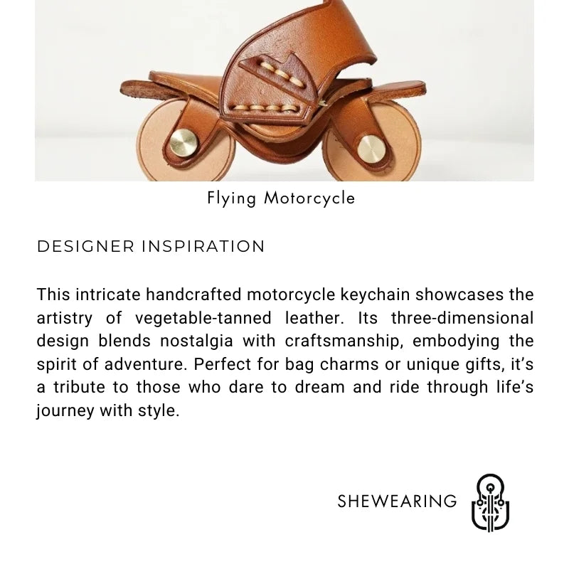 Flying Motorcycle Leather Bag Charm – Handcrafted Vegetable-Tanned Keychain for Bags or Keys, 3D Design, Unique Adventure-Inspired Gift