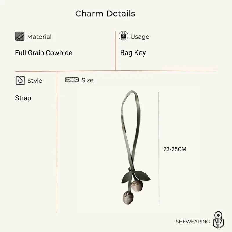 Handcrafted Leather Cherry Bag Charm – Full-Grain Cowhide, Nature-Inspired Design, Whimsical Accessory for Women, Elegant Gift Idea