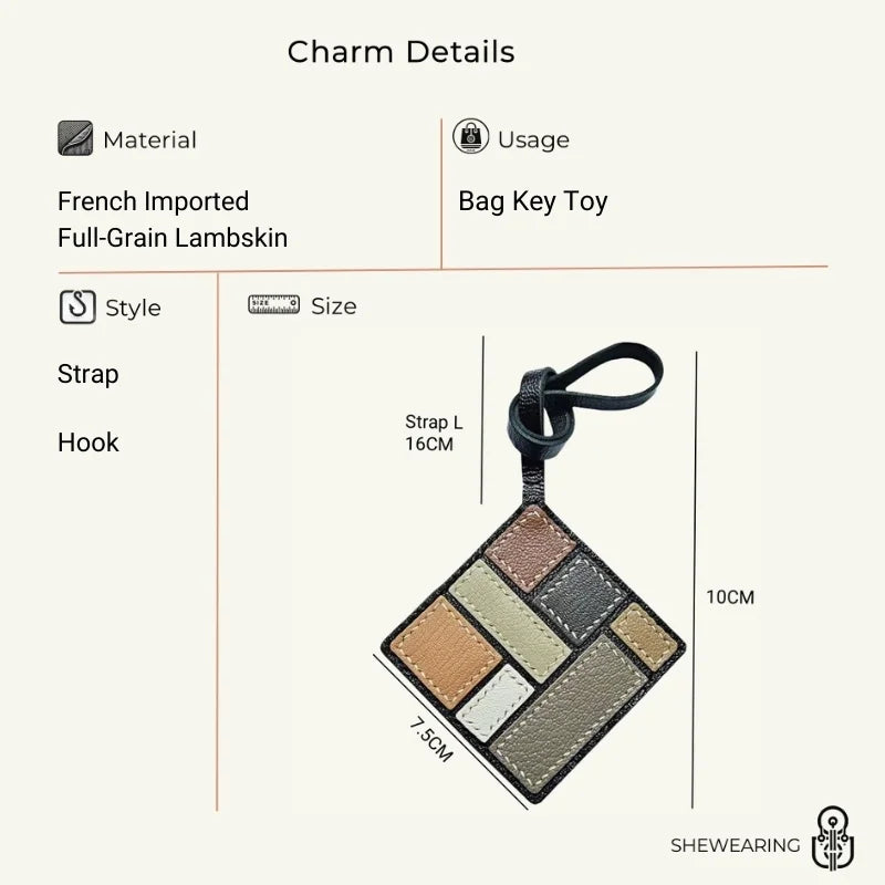 Mondrian-Inspired Geometric Leather Bag Charm, Handcrafted Art Accessory for Women, Minimalist Design, Unique Small Gift