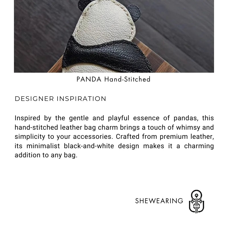 Hand-Stitched Panda Leather Bag Charm – Full-Grain Cowhide Keychain, Minimalist Black-and-White Design, Whimsical Gift for Her