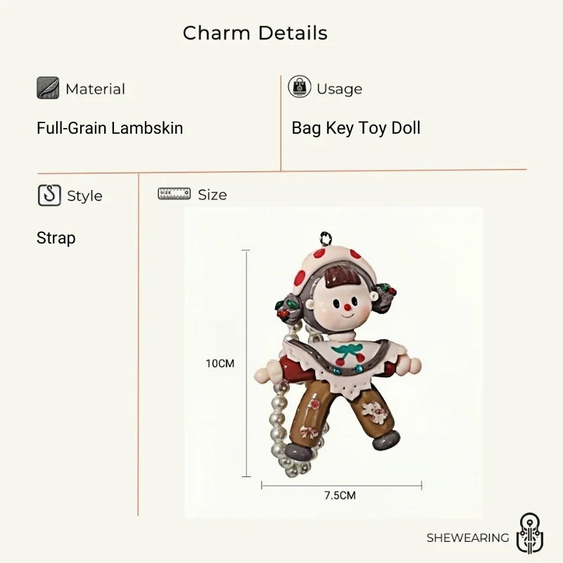 Lovely Sister Korean Style Doll Bag Charm – Handcrafted Full-Grain Lambskin Keychain – Cute Pearl Accent Design for Girls – Creative Gift Idea