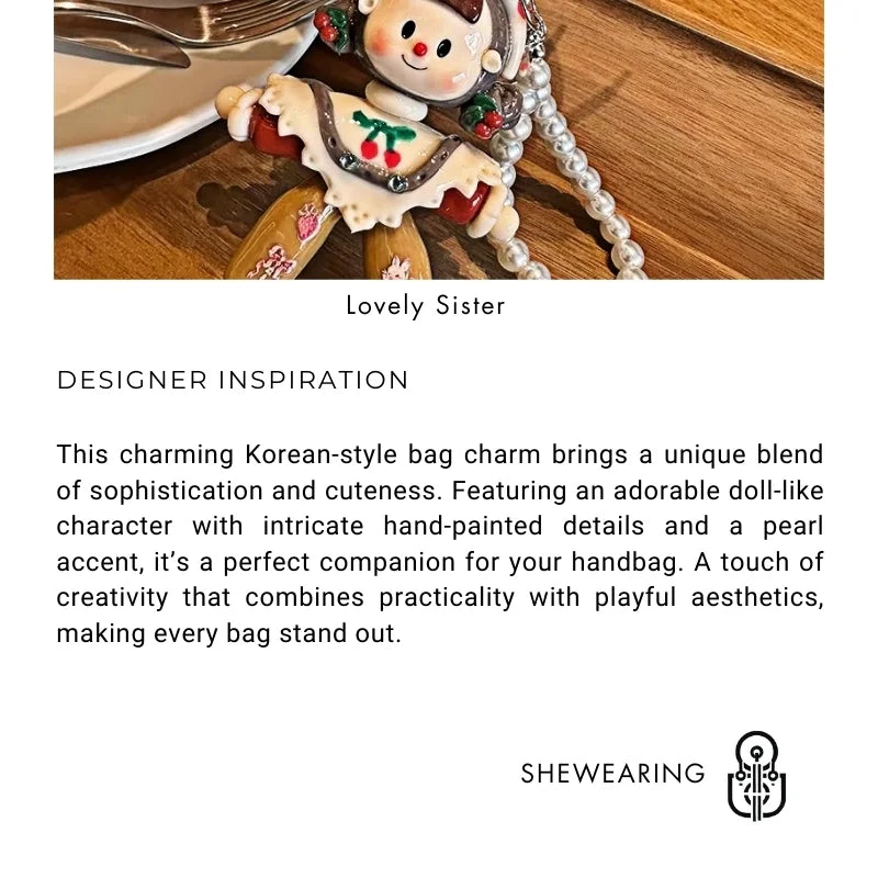 Lovely Sister Korean Style Doll Bag Charm – Handcrafted Full-Grain Lambskin Keychain – Cute Pearl Accent Design for Girls – Creative Gift Idea