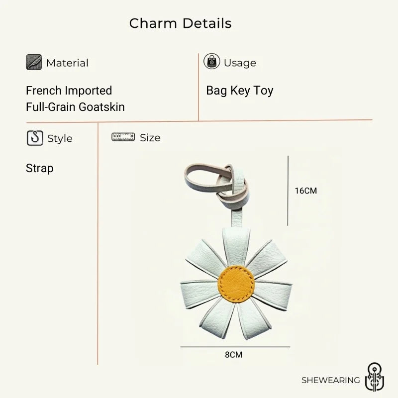 Geometric Daisy Leather Bag Charm – Minimalist Handmade Design, High-Quality Key Accessory, Premium Full-Grain Goatskin, Sophisticated Gift for Women