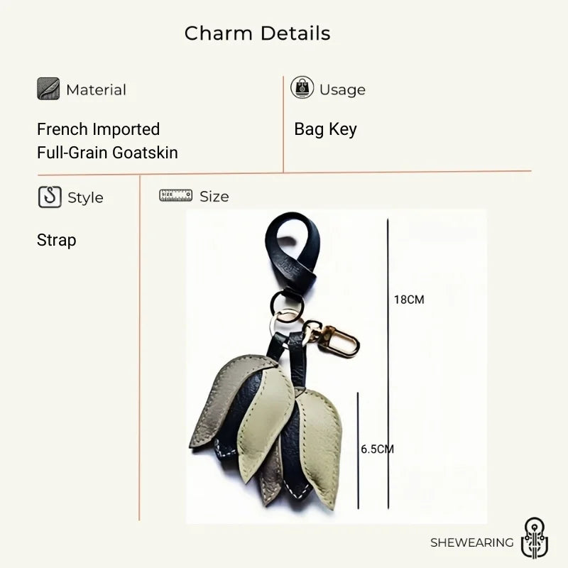 Morandi Tulip – Original Handcrafted Leather Bag Charm, Minimalist Design, French Goatskin Keychain, Elegant Gift for Her