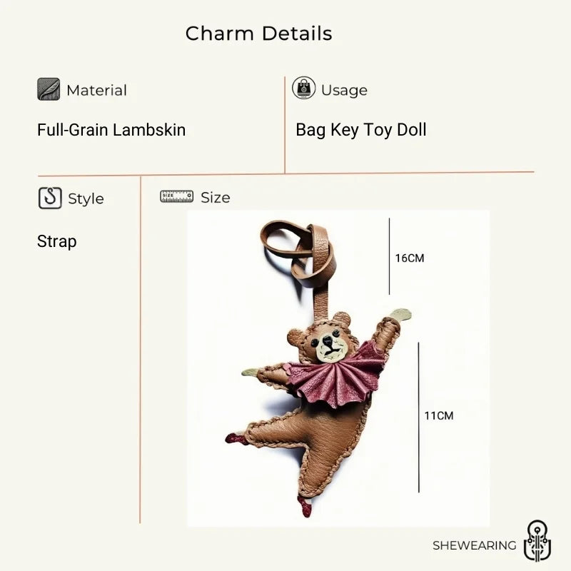 Handcrafted Ballet Bear Bag Charm – Full-Grain Lambskin, Elegant & Playful, Perfect Gift for Her