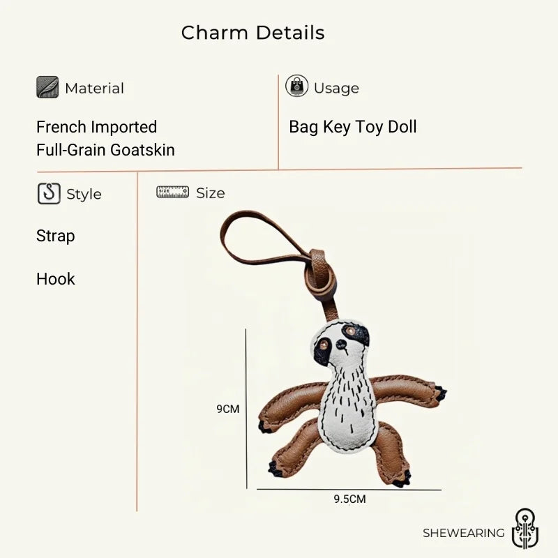 Designer Original Folivora Sloth Handmade Leather Bag Charm, Unique Keychain for Car or Bag, Small-Batch Artistic Accessory