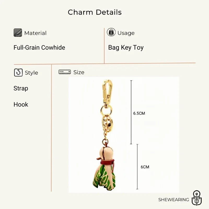 Leather Cabbage Charm – Fun Vegetable Bag Accessory, Full-Grain Cowhide, Keychain and Bookmark, Creative Design for Everyday Use