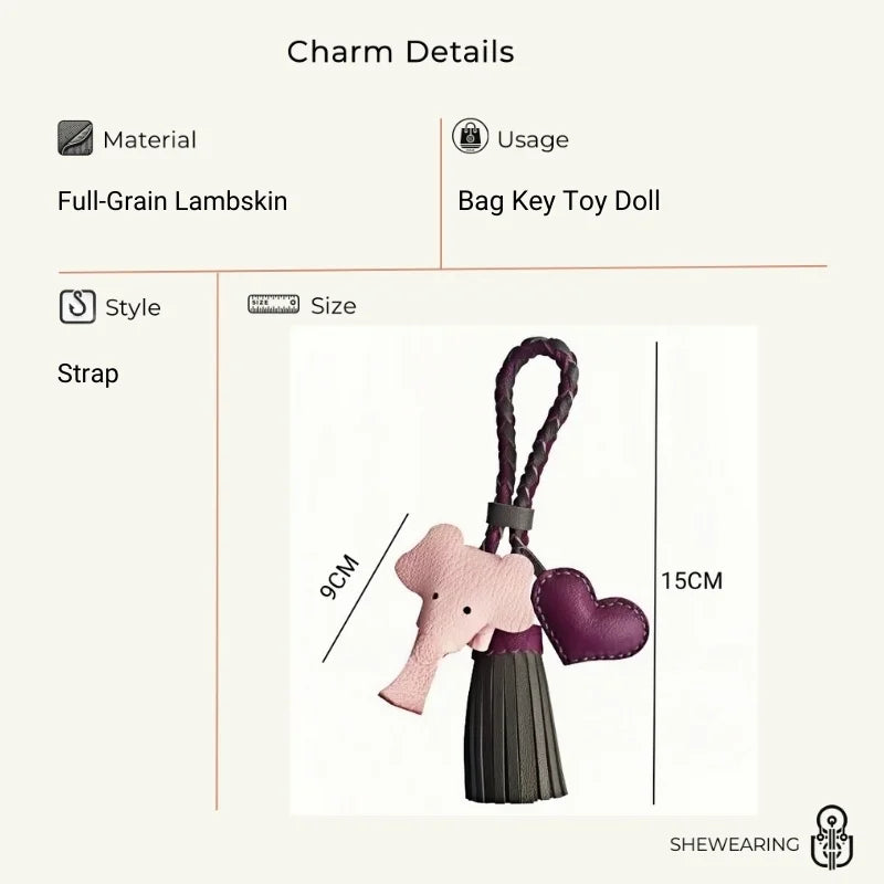 Genuine Leather Tassel Elephant Bag Charm – Cute Heart Design, Handmade Accessory for Bags and Keys, Fashionable and Versatile Gift for Women