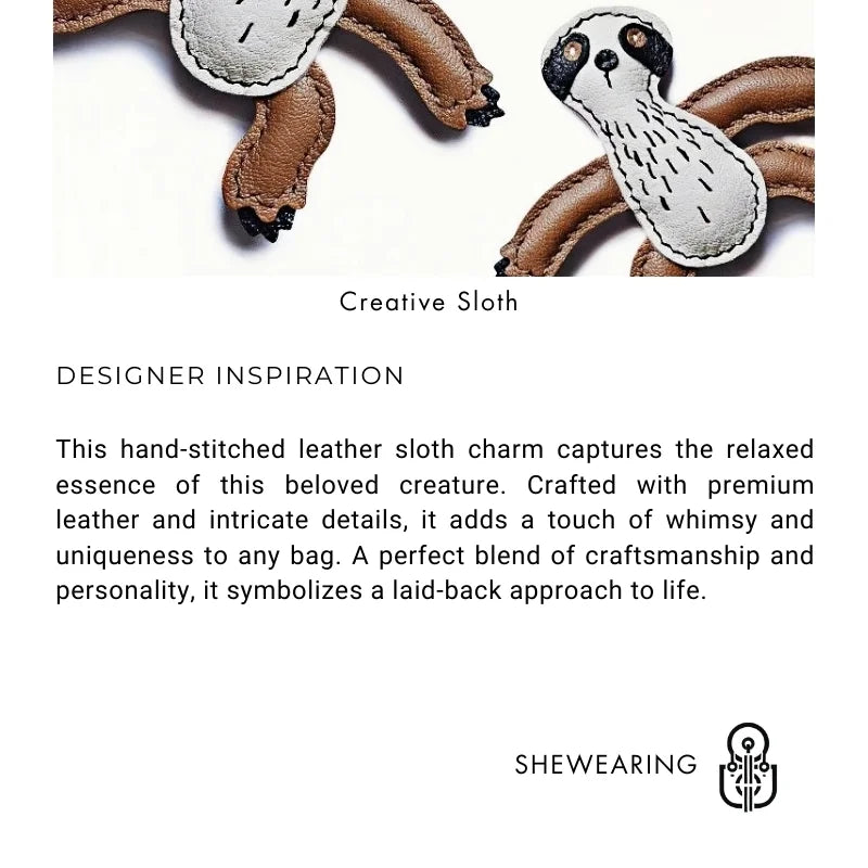 Designer Original Folivora Sloth Handmade Leather Bag Charm, Unique Keychain for Car or Bag, Small-Batch Artistic Accessory