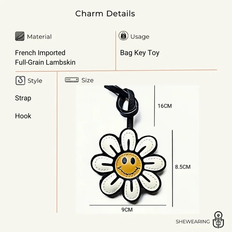 Handcrafted Sunflower Leather Bag Charm – Full-Grain Lambskin Keychain, Minimalist and Fashionable Gift for Women