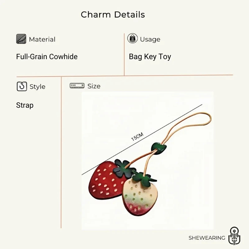 Handcrafted Genuine Leather Strawberry Bag Charm, Nordic-Style Fruit Design, Artisan Keychain, Car Accessory, Bookmark Decoration