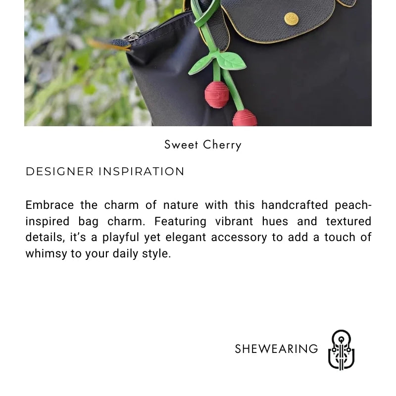 Handcrafted Leather Cherry Bag Charm – Full-Grain Cowhide, Nature-Inspired Design, Whimsical Accessory for Women, Elegant Gift Idea