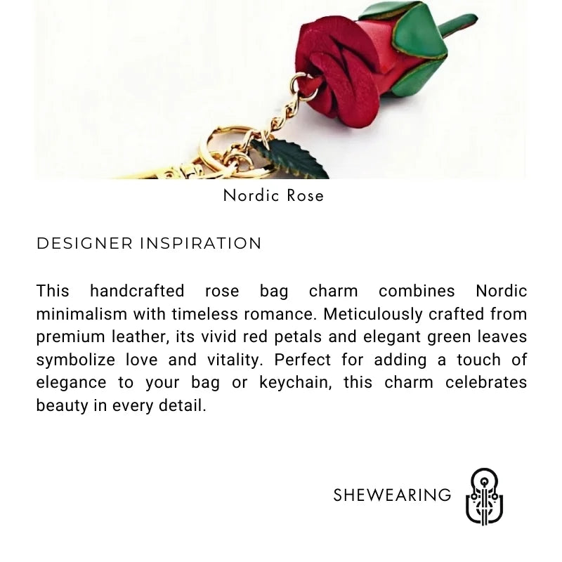 Handcrafted Nordic Rose Leather Bag Charm - Elegant Full-Grain Cowhide Flower Keychain and Bookmark for Bags