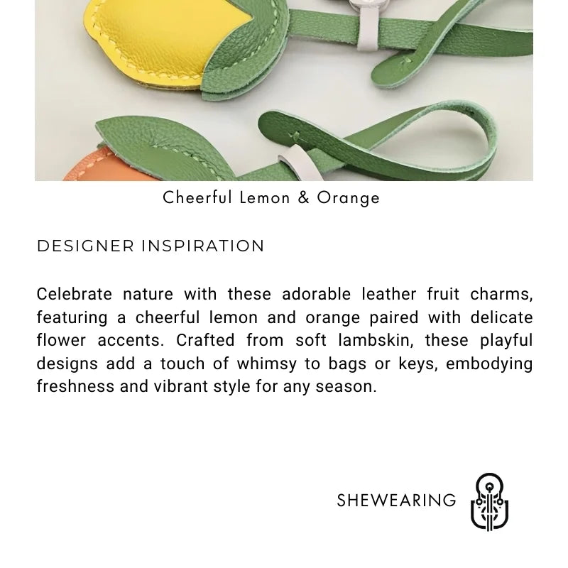 Cheerful Lemon & Orange Bag Charm – Handcrafted Full-Grain Lambskin Accessory with Flower Accent, Perfect for Bags or Keys, Playful and Stylish Gift Idea