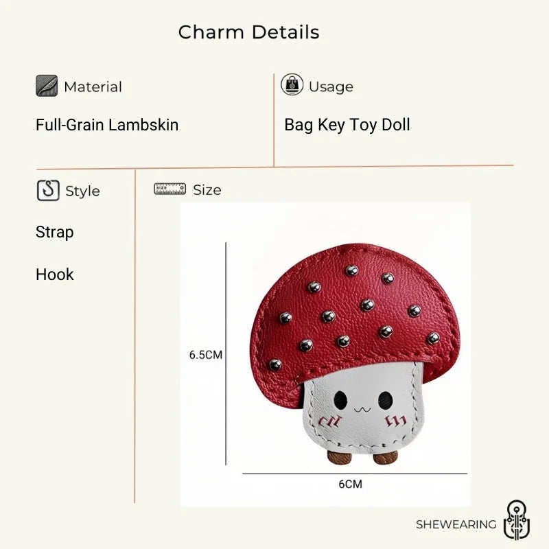 Shiny Red Mushroom Bag Charm – Full-Grain Lambskin, Playful Design, Key Accessory, Whimsical Fairy Tale Gift