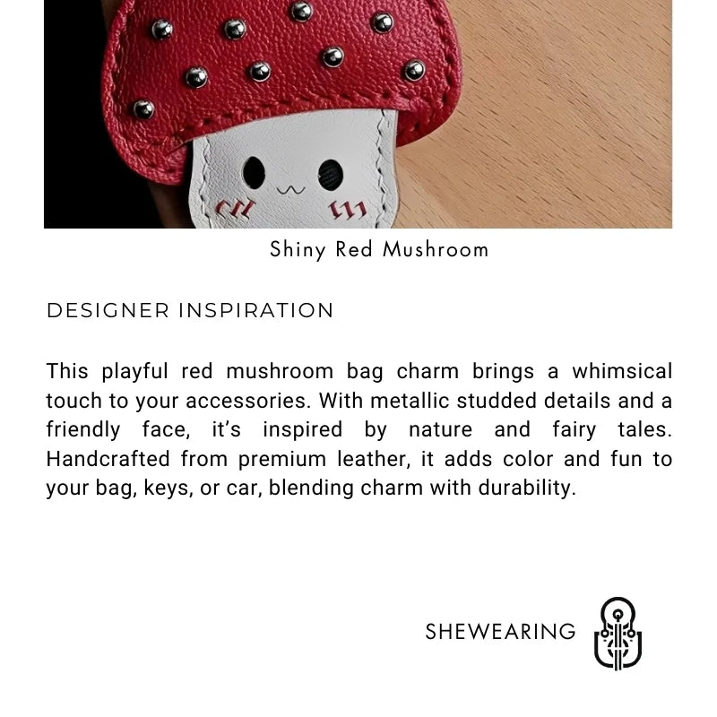 Shiny Red Mushroom Bag Charm – Full-Grain Lambskin, Playful Design, Key Accessory, Whimsical Fairy Tale Gift