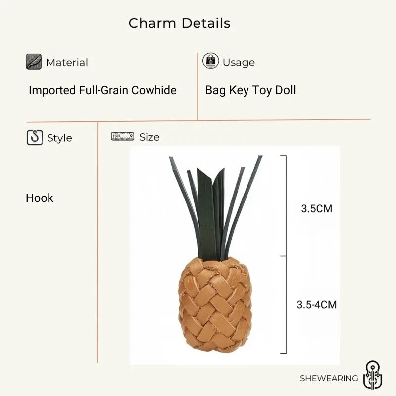 Handwoven Leather Pineapple Bag Charm – Full-Grain Cowhide Key Accessory, Creative and Tropical Vibes, Artisan Design