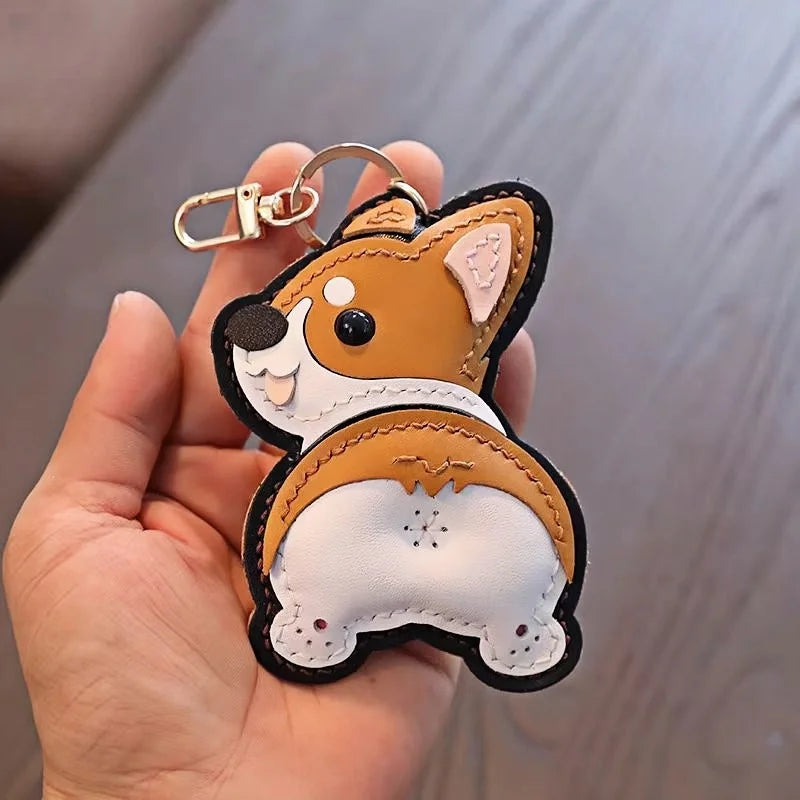 Corgi Pet Leather Bag Charm Hand-Stitched Leather Accessory Creative Keychain Pendant Cute Gift for Women