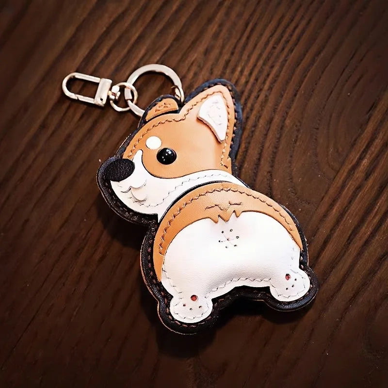 Corgi Pet Leather Bag Charm Hand-Stitched Leather Accessory Creative Keychain Pendant Cute Gift for Women