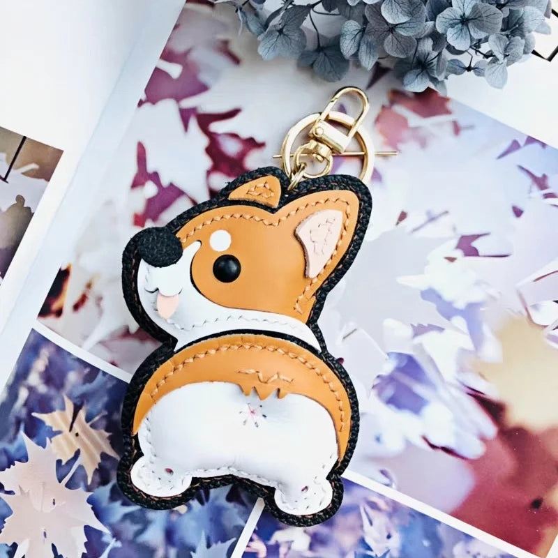 Corgi Pet Leather Bag Charm Hand-Stitched Leather Accessory Creative Keychain Pendant Cute Gift for Women