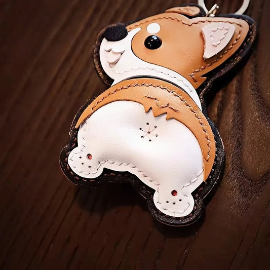 Corgi Pet Leather Bag Charm Hand-Stitched Leather Accessory Creative Keychain Pendant Cute Gift for Women