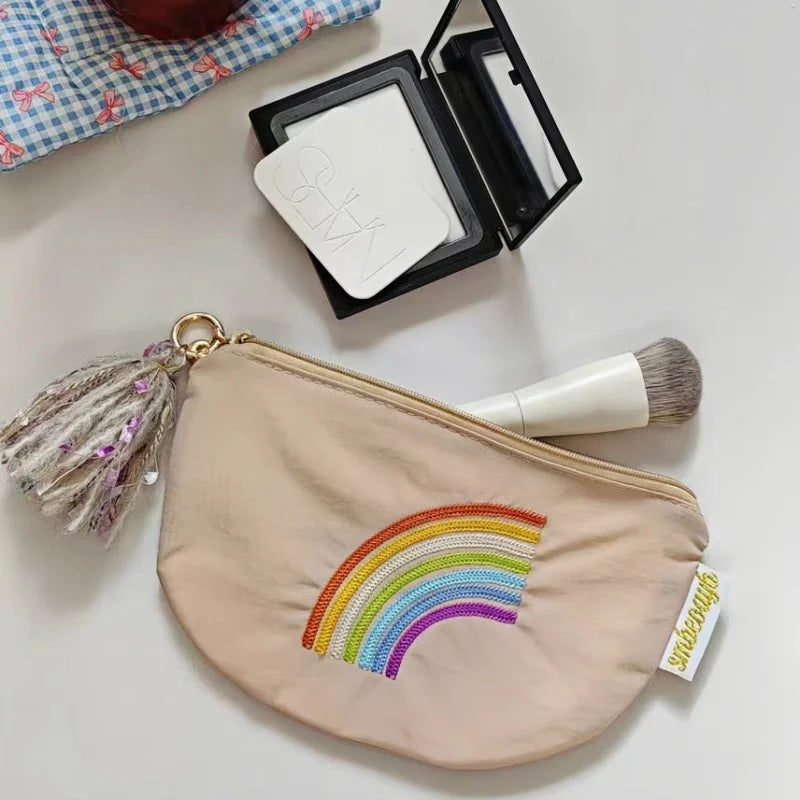 New Colorful Rainbow Embroidered Waterproof Makeup Pouch – Compact Lipstick and Earphone Organizer