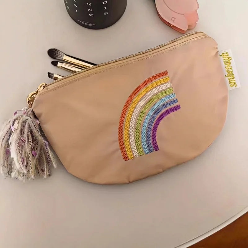 New Colorful Rainbow Embroidered Waterproof Makeup Pouch – Compact Lipstick and Earphone Organizer