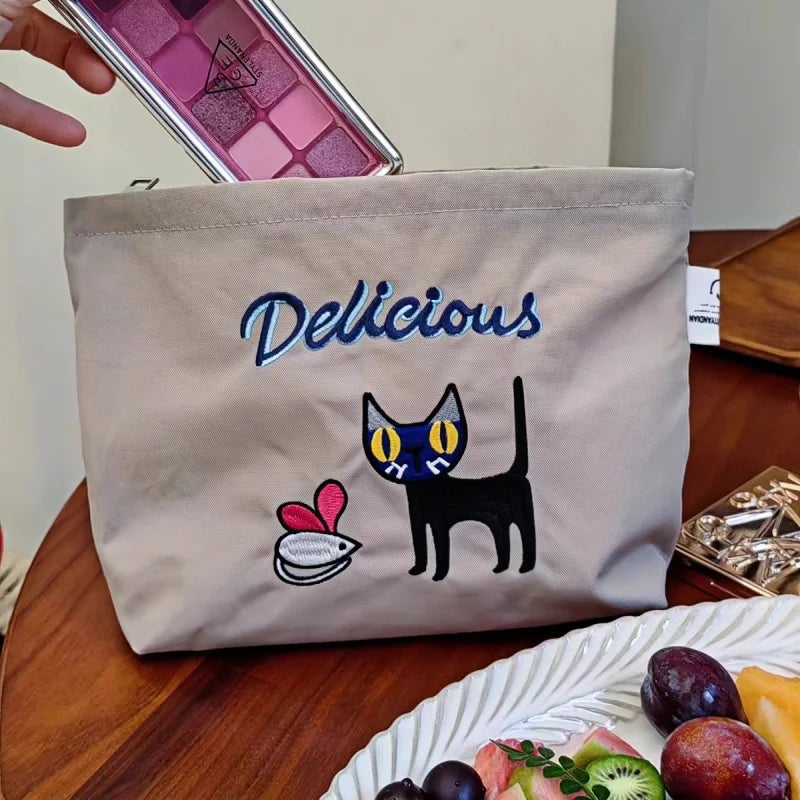 Adorable Cat Embroidered Waterproof Makeup Bag | Stylish Toiletry and Travel Organizer for Women