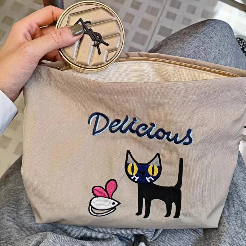 Adorable Cat Embroidered Waterproof Makeup Bag | Stylish Toiletry and Travel Organizer for Women