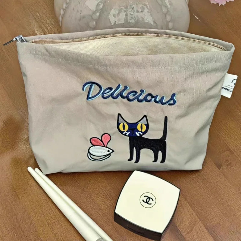 Adorable Cat Embroidered Waterproof Makeup Bag | Stylish Toiletry and Travel Organizer for Women