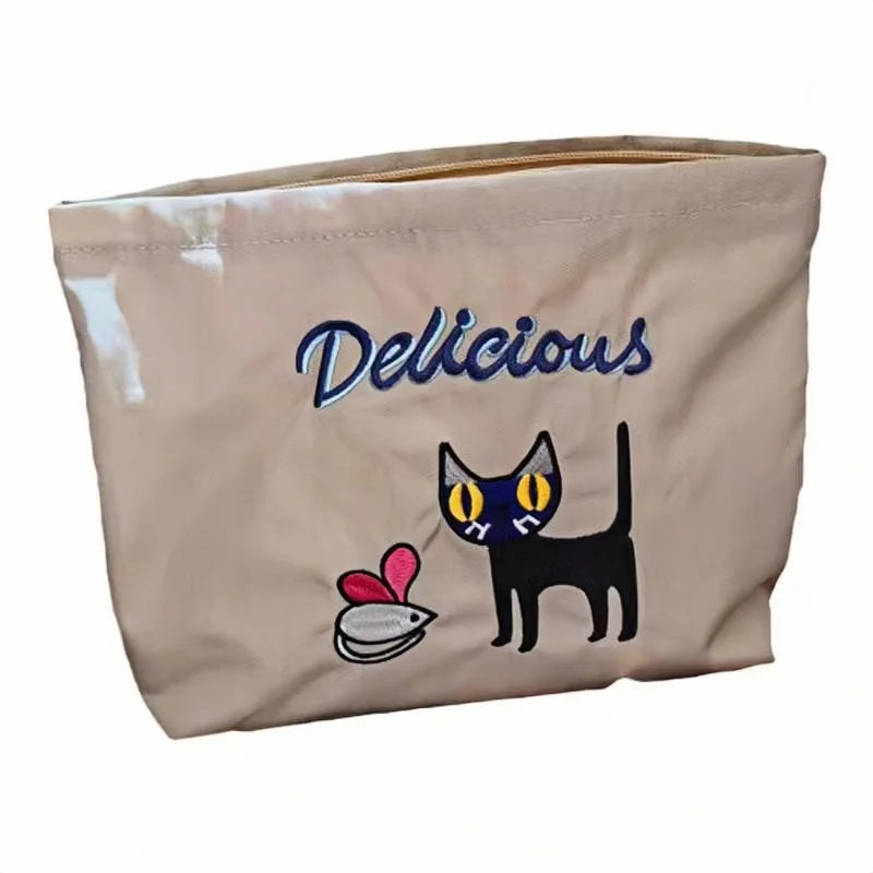 Adorable Cat Embroidered Waterproof Makeup Bag | Stylish Toiletry and Travel Organizer for Women