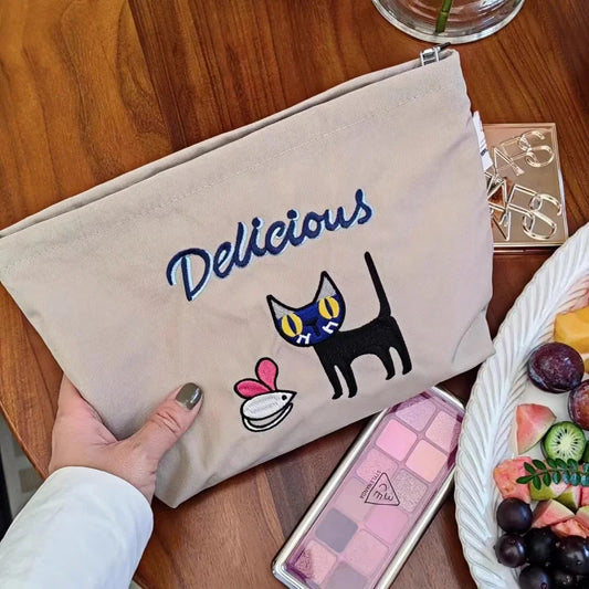 Adorable Cat Embroidered Waterproof Makeup Bag | Stylish Toiletry and Travel Organizer for Women