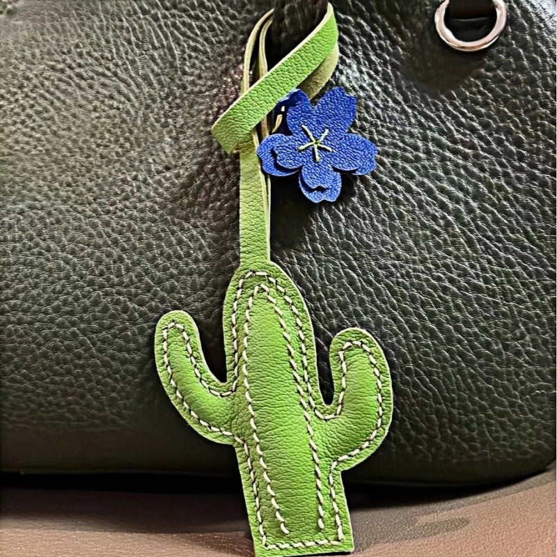 Hand-Stitched Genuine Leather Cactus Charm – INS Style Bag Accessory, Creative Gift, Keychain, Versatile and Trendy