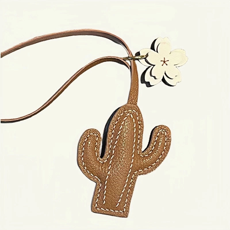 Hand-Stitched Genuine Leather Cactus Charm – INS Style Bag Accessory, Creative Gift, Keychain, Versatile and Trendy