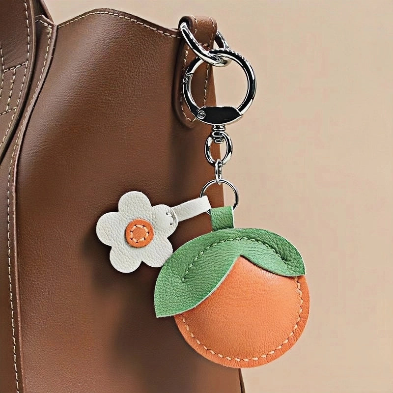 Cheerful Lemon & Orange Bag Charm – Handcrafted Full-Grain Lambskin Accessory with Flower Accent, Perfect for Bags or Keys, Playful and Stylish Gift Idea