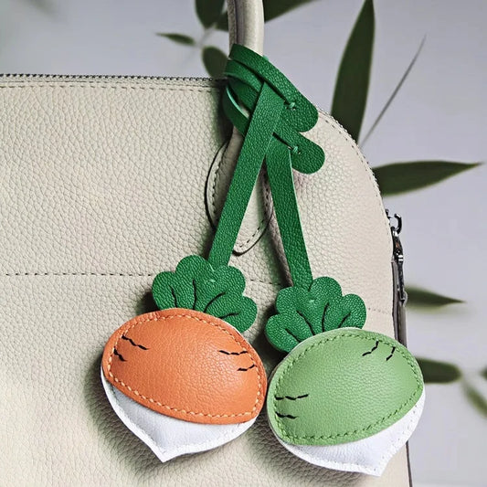 Original Design Leather Carrot Bag Charm – Handmade Lambskin Pendant, Cute Whimsical Keychain Accessory