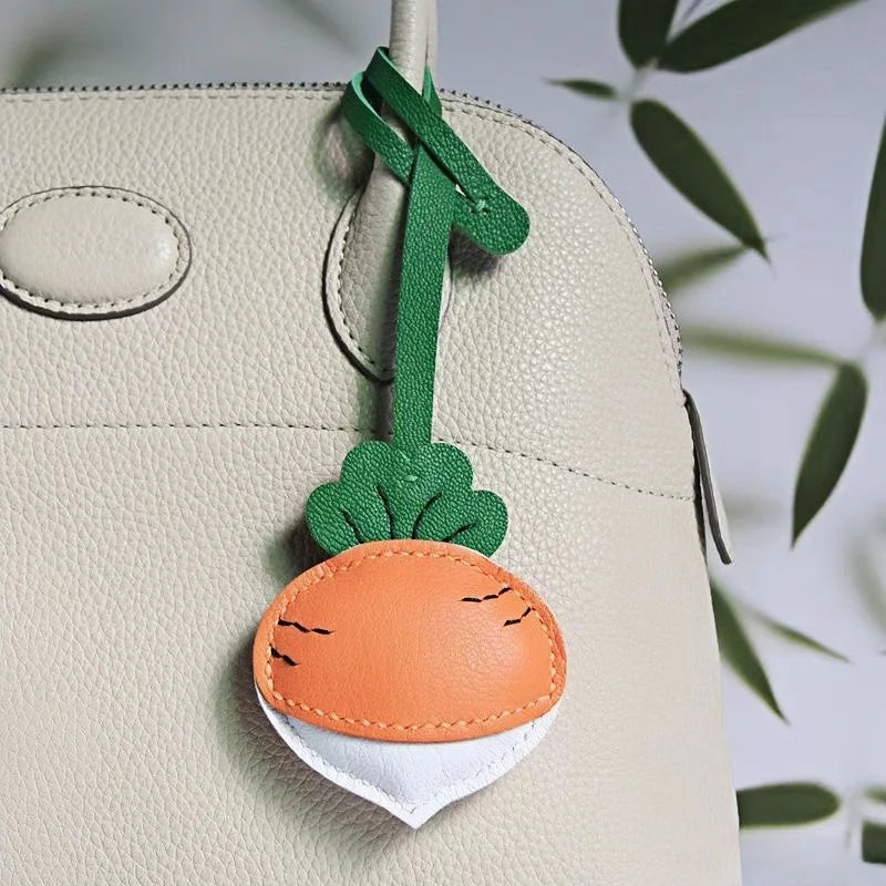 Original Design Leather Carrot Bag Charm – Handmade Lambskin Pendant, Cute Whimsical Keychain Accessory