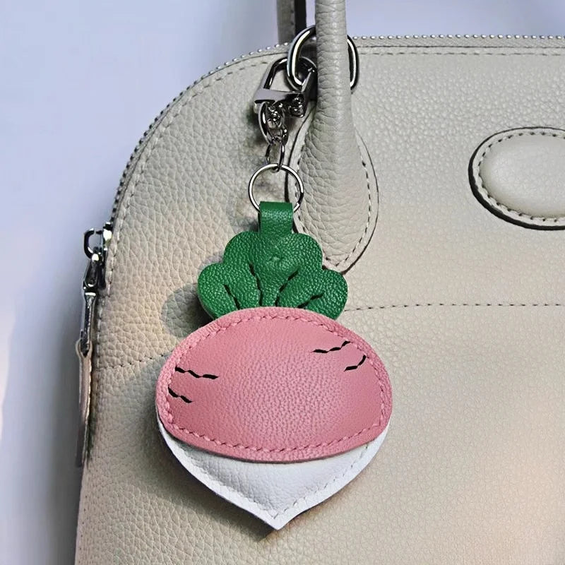 Original Design Leather Carrot Bag Charm – Handmade Lambskin Pendant, Cute Whimsical Keychain Accessory