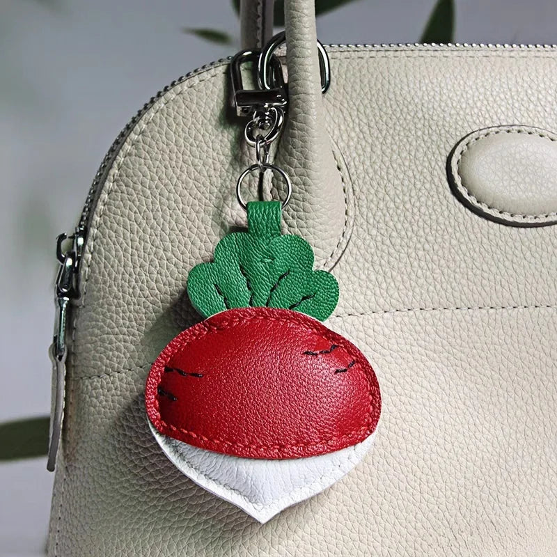 Original Design Leather Carrot Bag Charm – Handmade Lambskin Pendant, Cute Whimsical Keychain Accessory