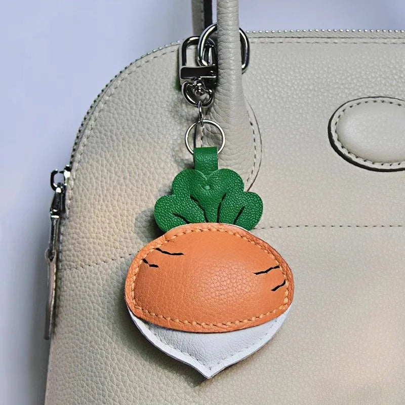 Original Design Leather Carrot Bag Charm – Handmade Lambskin Pendant, Cute Whimsical Keychain Accessory