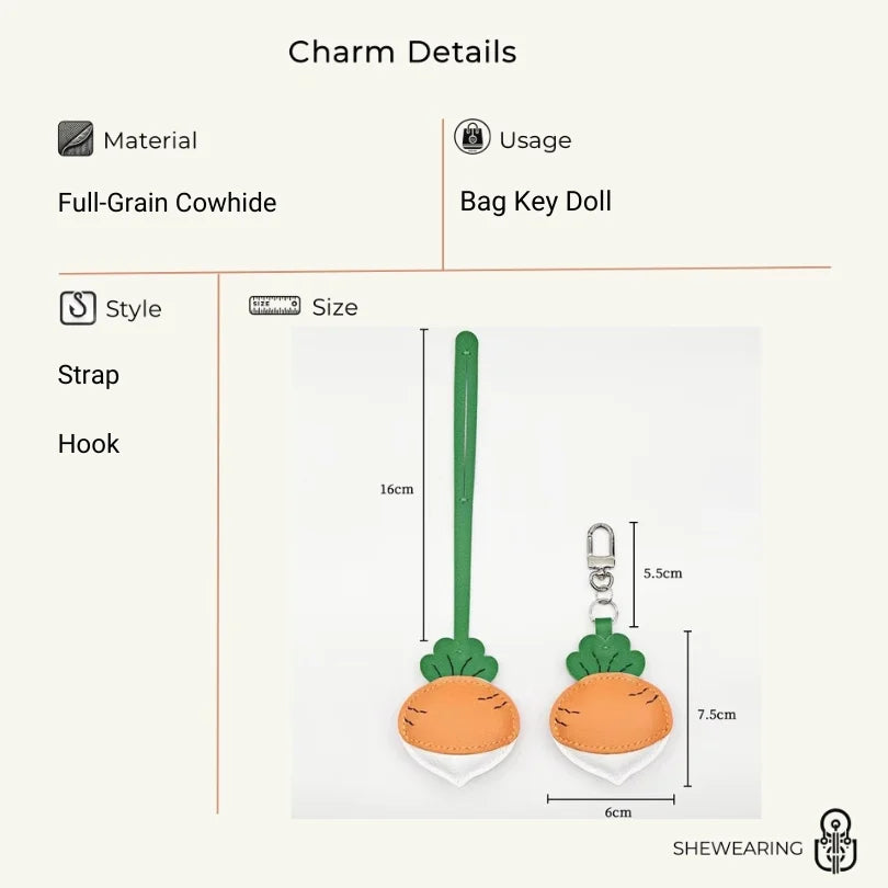 Original Design Leather Carrot Bag Charm – Handmade Lambskin Pendant, Cute Whimsical Keychain Accessory