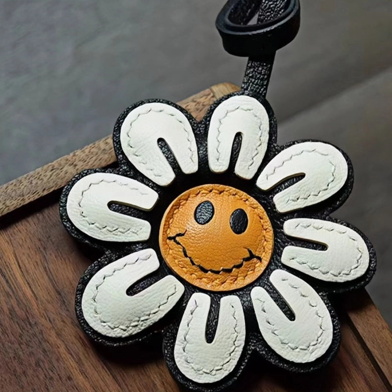 Handcrafted Sunflower Leather Bag Charm – Full-Grain Lambskin Keychain, Minimalist and Fashionable Gift for Women