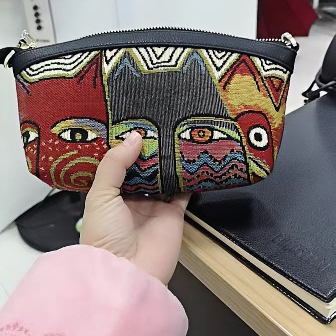 Handmade Embroidered Jacquard Cat Design Clutch - 2024 New Single Shoulder and Crossbody Women's Makeup Bag