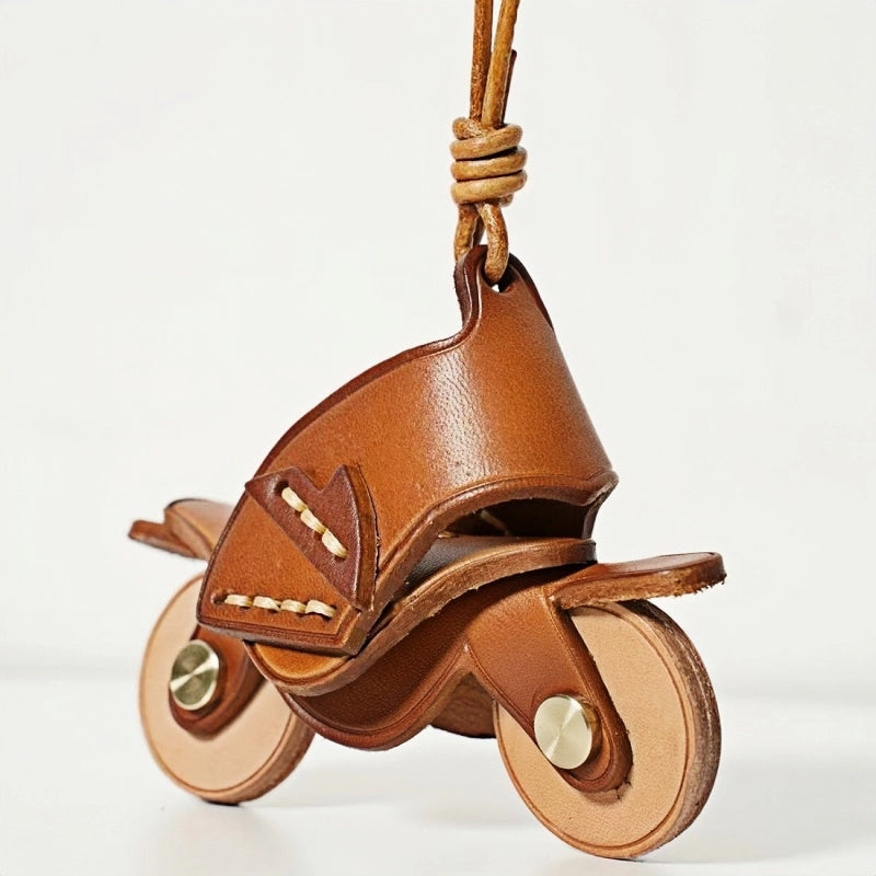 Flying Motorcycle Leather Bag Charm – Handcrafted Vegetable-Tanned Keychain for Bags or Keys, 3D Design, Unique Adventure-Inspired Gift