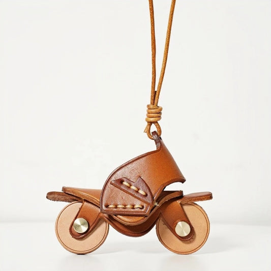 Flying Motorcycle Leather Bag Charm – Handcrafted Vegetable-Tanned Keychain for Bags or Keys, 3D Design, Unique Adventure-Inspired Gift